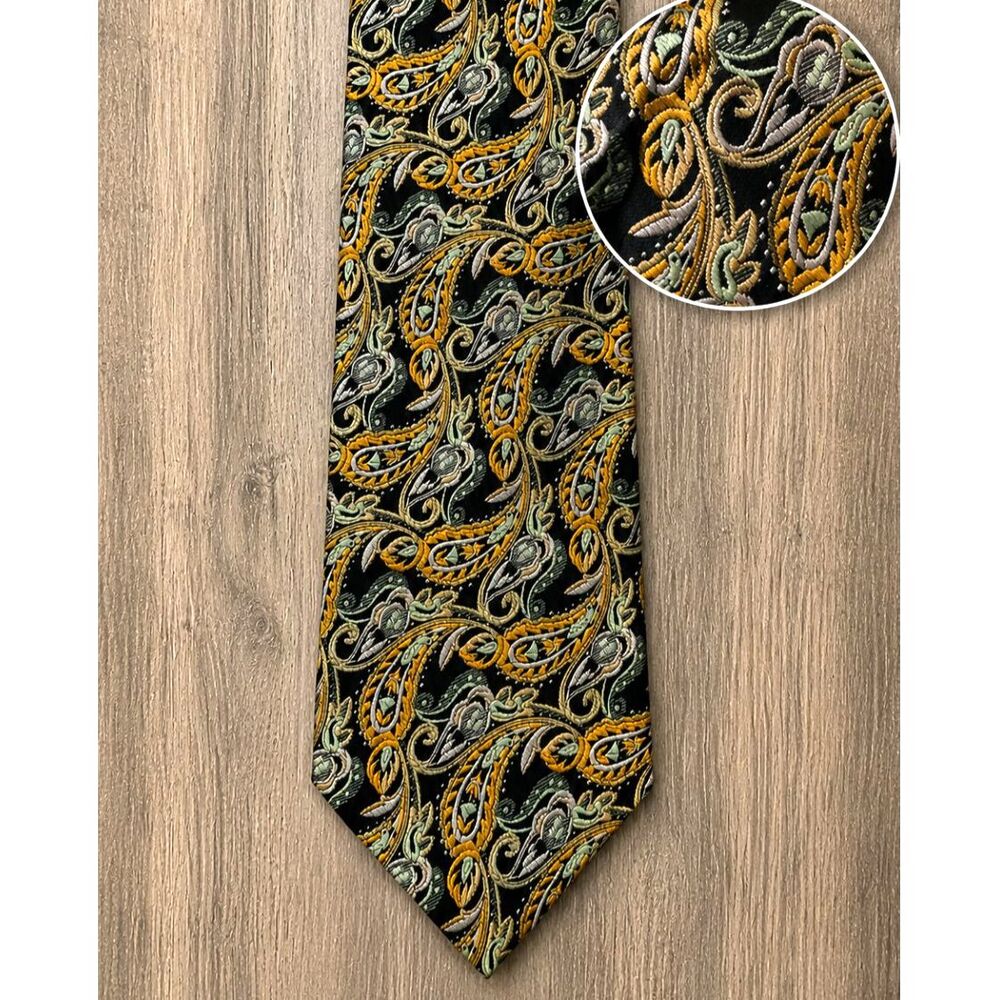 Vintage Piattelli Platinum NWT 100% Silk Paisley Men's Tie Black Gold Made USA